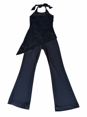 VTG Black Halter Jumpsuit Floral Sparkle Burnout Bias-Cut Overlay Whimsigoth XS